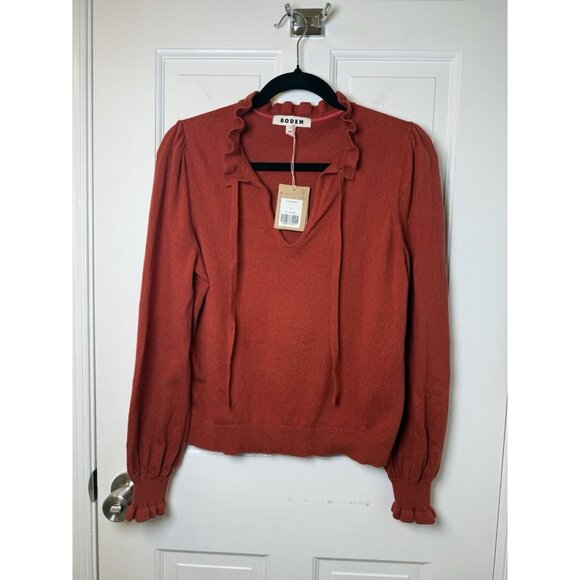 Boden Rust Red Ruffle Neck Cotton Wool Sweater Size Med NWT - Picture 1 of 11